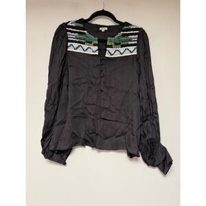 Isato Black Viscose Embroidered‎ Boho Blouse Top Size S